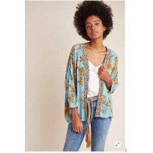 Zoe Leopard-Trimmed Kimono in Blue Green Motif from Anthropologie -One Size-NWOT